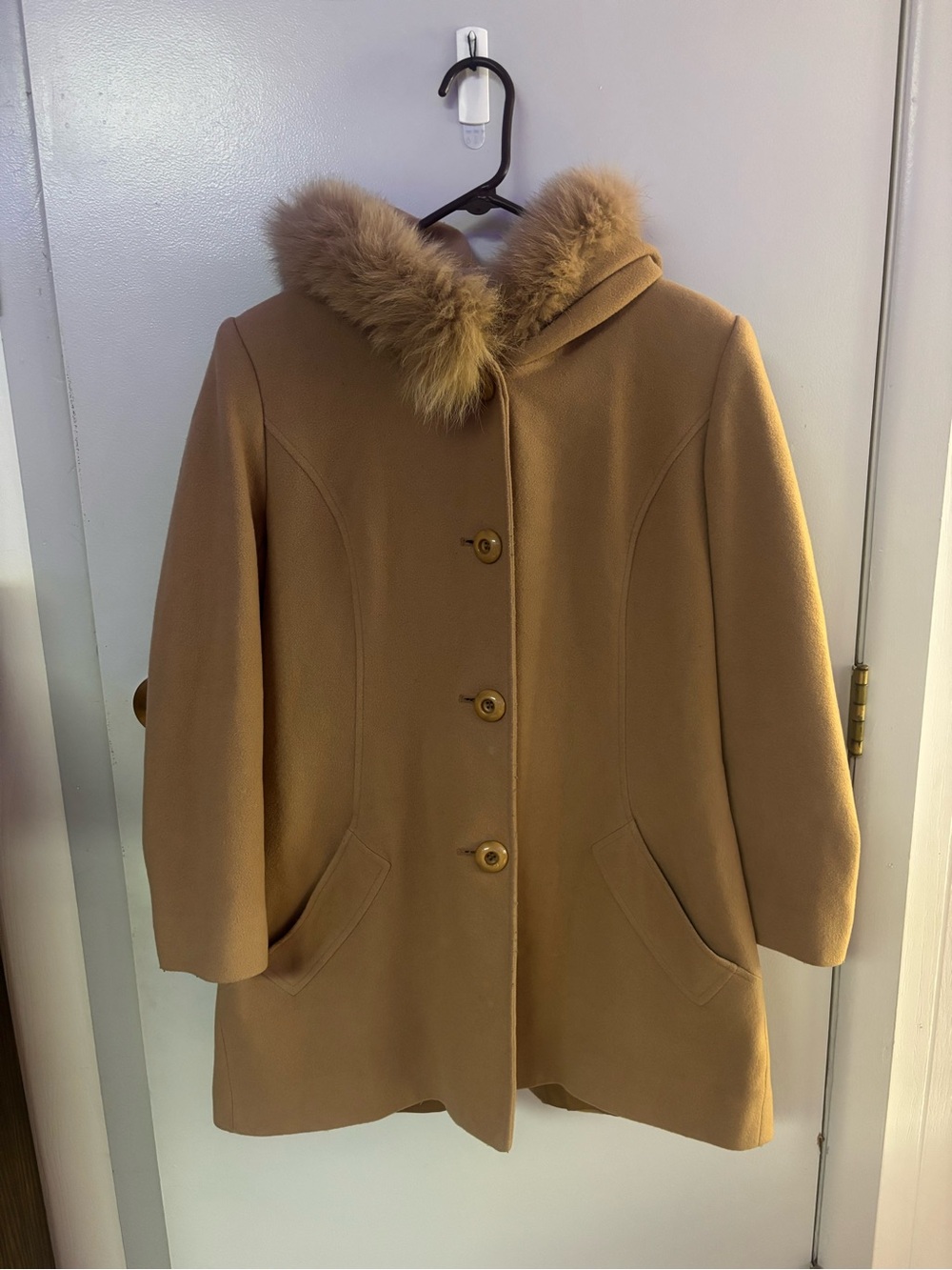 Sachi Collection Camel Cashmere Wool Coat Fox Fur Hood Italian Womens M Jacket